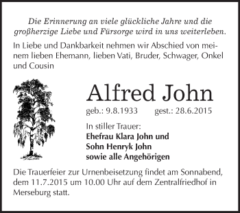 Traueranzeige von Alfred John von WVG - Wochenspiegel Merseburg