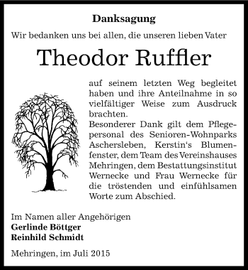 Traueranzeige von Theodor Ruffler von Mitteldeutsche Zeitung Aschersleben