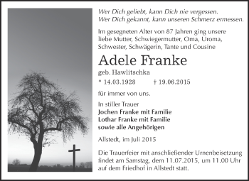 Traueranzeige von Adele Franke von Super Sonntag SGH Mansf. Land