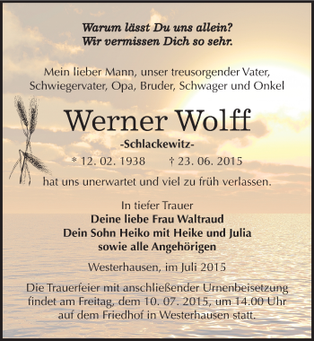 Traueranzeige von Werner Wolff von Mitteldeutsche Zeitung Quedlinburg
