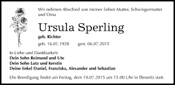 Traueranzeige von Ursula Sperling von Mitteldeutsche Zeitung