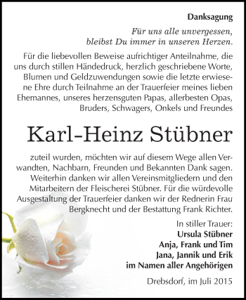 Traueranzeige von Karl-Heinz Stübner von Super Sonntag SGH Mansf. Land