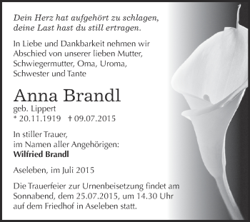 Traueranzeige von Anna Brandl von Super Sonntag SGH Mansf. Land