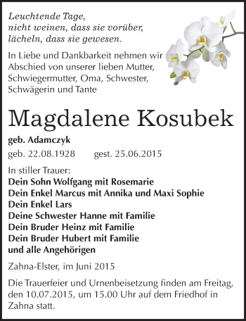 Traueranzeige von Magdalene Kosubek von Mitteldeutsche Zeitung Wittenberg
