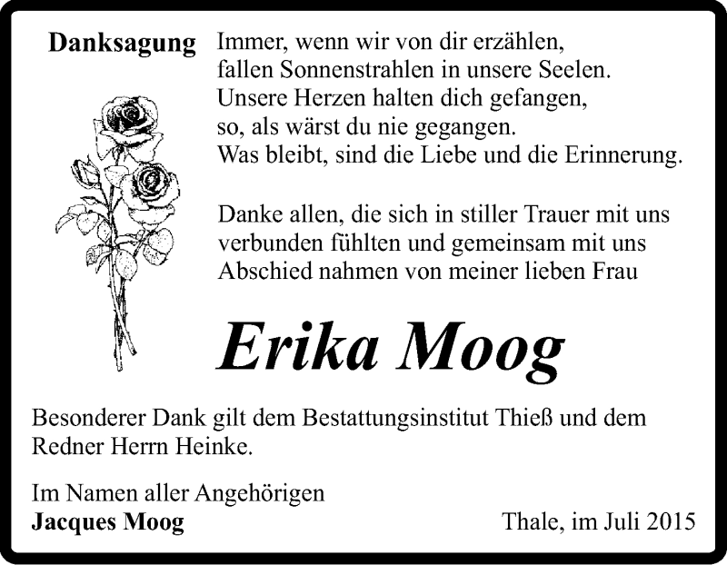  Traueranzeige für Erika Moog vom 05.07.2015 aus WVG - Wochenspiegel Quedlinburg