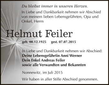 Traueranzeige von Helmut Feiler von Super Sonntag Zeitz