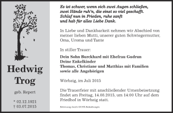 Traueranzeige von Hedwig Trog von WVG - Wochenspiegel Dessau / Köthen