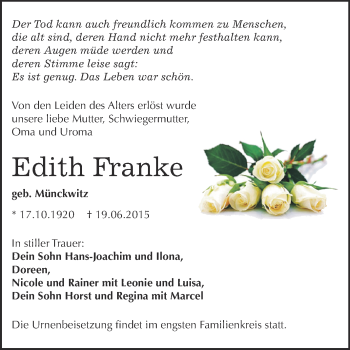 Traueranzeige von Edith Franke von WVG - Wochenspiegel Dessau / Köthen