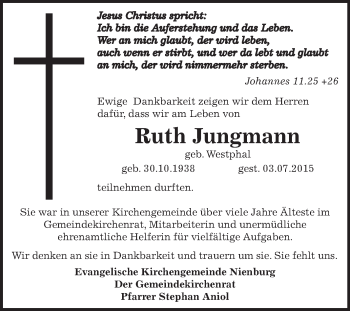 Traueranzeige von Ruth Jungmann von Super Sonntag Bernburg