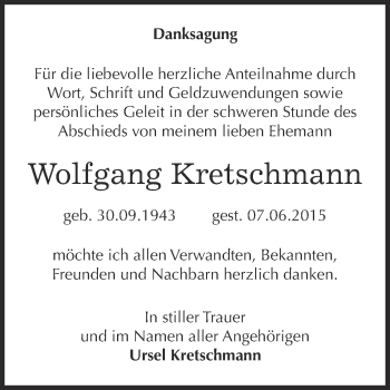 Traueranzeige von Wolfgang Kretschmann von WVG - Wochenspiegel Dessau / Köthen