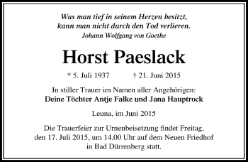 Traueranzeige von Horst Paeslack von Mitteldeutsche Zeitung Merseburg/Querfurt