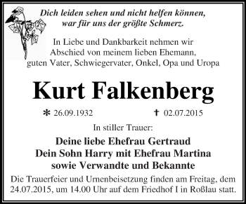 Traueranzeige von Kurt Falkenberg von WVG - Wochenspiegel Dessau / Köthen