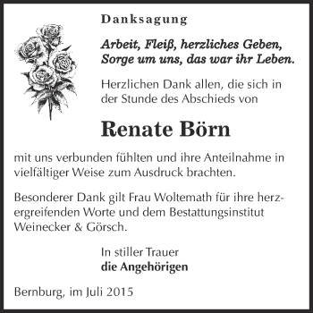 Traueranzeige von Renate Börn von Super Sonntag Bernburg