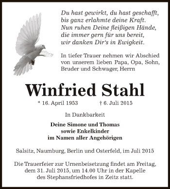 Traueranzeige von Winfried Stahl von Super Sonntag Zeitz