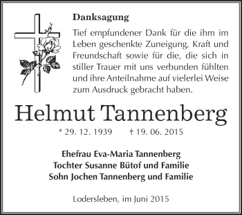 Traueranzeige von Helmut Tannenberg von Super Sonntag Merseburg
