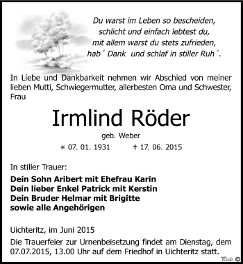 Traueranzeige von Irmlind Röder von Mitteldeutsche Zeitung Weißenfels
