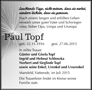 Traueranzeige von Paul Topf von Mitteldeutsche Zeitung Mansfelder Land
