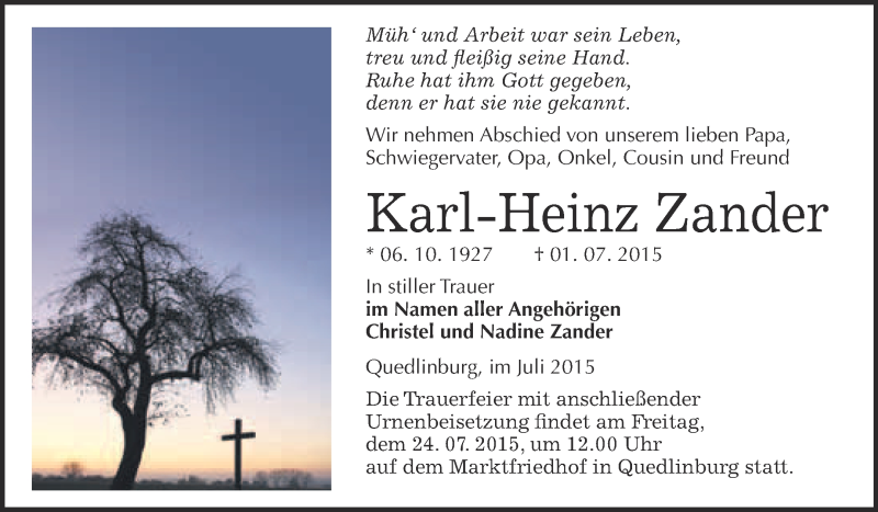  Traueranzeige für Karl-Heinz Zander vom 11.07.2015 aus Super Sonntag Quedlinburg