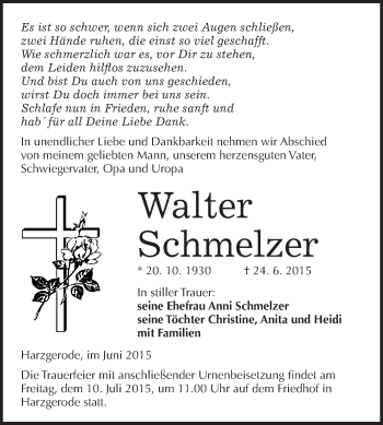Traueranzeige von Walter Schmelzer von WVG - Wochenspiegel Quedlinburg
