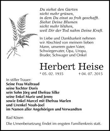Traueranzeige von Herbert Heise von Mitteldeutsche Zeitung Naumburg/Nebra