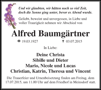 Traueranzeige von Alfred Baumgärtner von WVG - Wochenspiegel Dessau / Köthen
