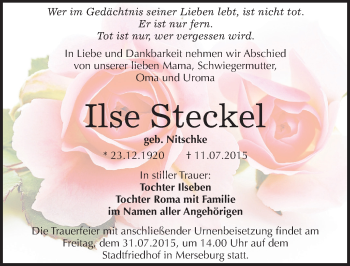 Traueranzeige von Ilse Steckel von Mitteldeutsche Zeitung Merseburg/Querfurt