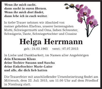 Traueranzeige von Helga Herrmann von Mitteldeutsche Zeitung Bernburg