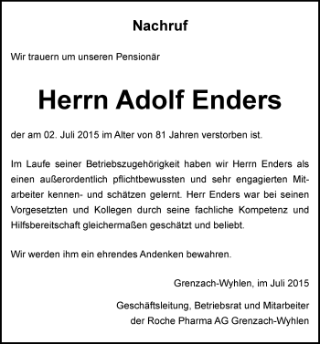 Traueranzeige von Adolf Enders von Mitteldeutsche Zeitung Bernburg