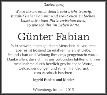 Traueranzeige von Günter Fabian von WVG - Wochenspiegel Wittenberg