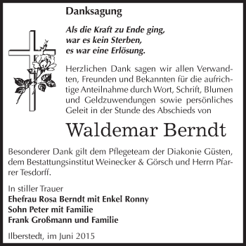 Traueranzeige von Waldemar Berndt von Super Sonntag Bernburg