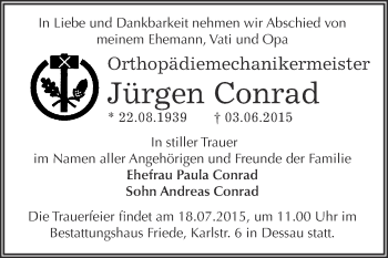 Traueranzeige von Jürgen Conrad von WVG - Wochenspiegel Dessau / Köthen
