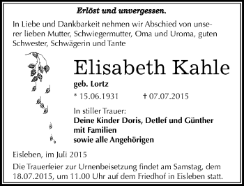 Traueranzeige von Elisabeth Kahle von Mitteldeutsche Zeitung Mansfelder Land