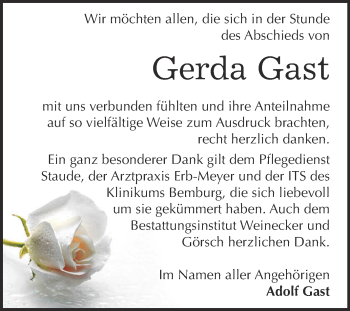 Traueranzeige von Gerda Gast von Super Sonntag Bernburg