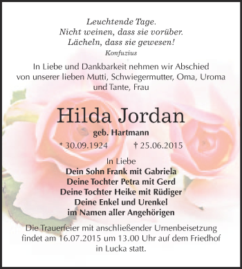 Traueranzeige von Hilda Jordan von WVG - Wochenspiegel NMB / WSF / ZTZ