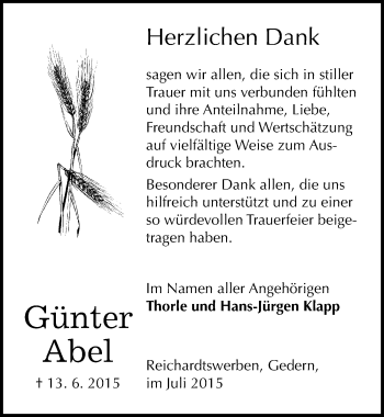 Traueranzeige von Günter Abel von Mitteldeutsche Zeitung Weißenfels