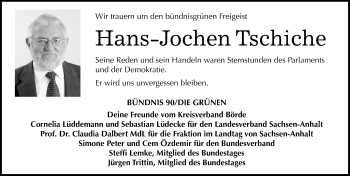 Traueranzeige von Hans-Joachim Tschiche von Mitteldeutsche Zeitung
