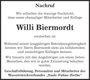 Traueranzeige von Willi Biermordt von Super Sonntag Bernburg