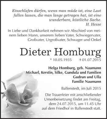 Traueranzeige von Dieter Homburg von WVG - Wochenspiegel Quedlinburg