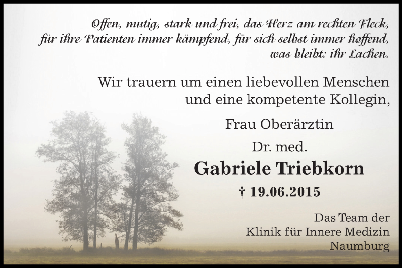  Traueranzeige für Gabriele Triebkorn vom 11.07.2015 aus WVG - Wochenspiegel NMB / WSF / ZTZ