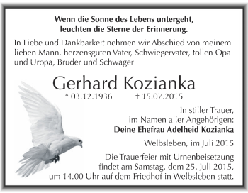 Traueranzeige von Gerhard Kozianka von Super Sonntag SGH Mansf. Land