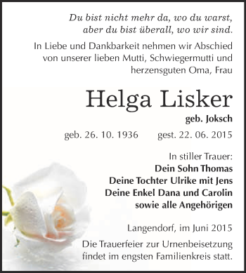 Traueranzeige von Helga Lisker von Super Sonntag Merseburg