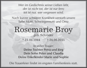 Traueranzeige von Rosemarie Broy von WVG - Wochenspiegel Dessau / Köthen
