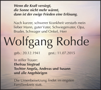 Traueranzeige von Wolfgang Rohde von Super Sonntag Zeitz