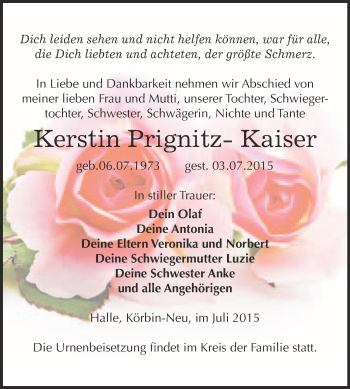 Traueranzeige von Kerstin Prignitz-Kaiser von WVG - Wochenspiegel Wittenberg