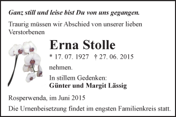 Traueranzeige von Erna Stolle von Super Sonntag SGH Mansf. Land