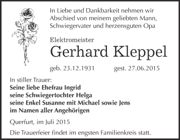 Traueranzeige von Gerhard Kleppel von WVG - Wochenspiegel NMB / WSF / ZTZ