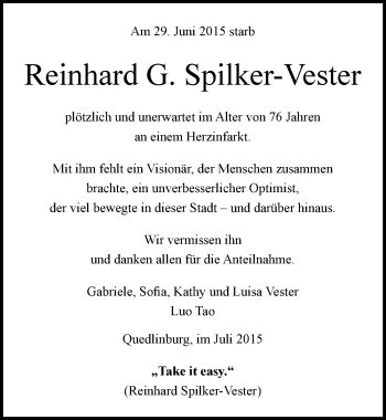 Traueranzeige von Reinhard G. Spilker-Vester von Mitteldeutsche Zeitung Quedlinburg