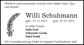 Traueranzeige von Willi Schuhmann von Mitteldeutsche Zeitung Wittenberg