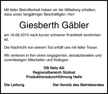 Traueranzeige von Giesberth Gäbler von Mitteldeutsche Zeitung Merseburg/Querfurt