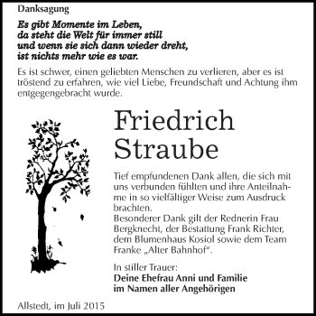 Traueranzeige von Friedrich Straube von Super Sonntag SGH Mansf. Land